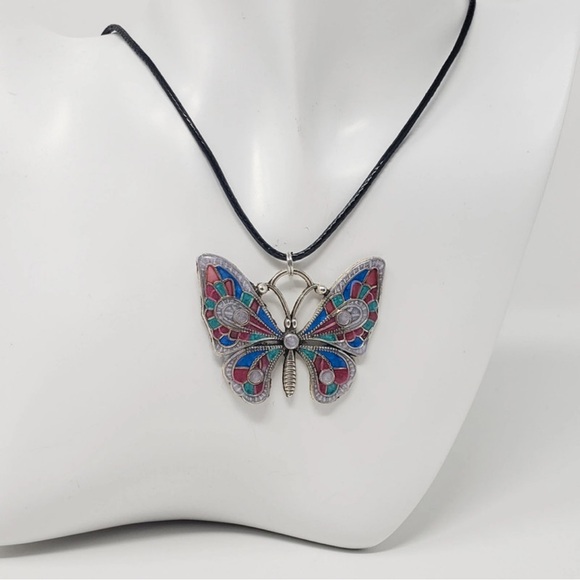 Butterfly Pendant Necklace with Multicolor Accents - Picture 1 of 7